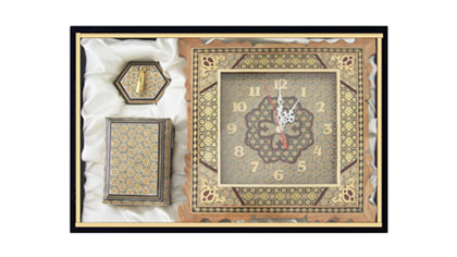 ست خاتم کاری شده ساعت دیواری، جعبه و جاقلمی